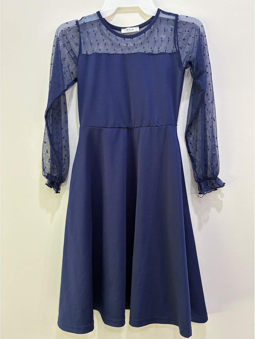 Arshiner Navy Blue Girls' Dress with Sheer Polka Dot Sleeves, Size 140 (US 10)